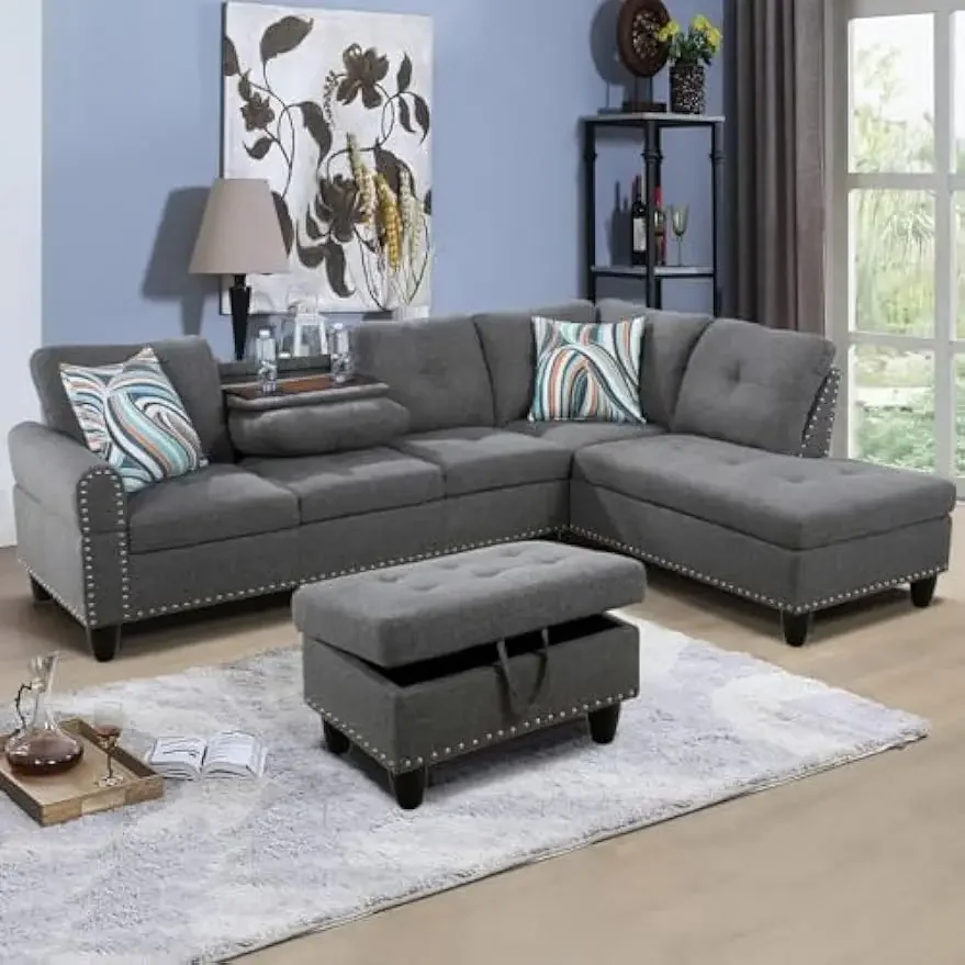 

Sectional Couches for Living Room,L Shape Modular Sofa Set with Storage Ottoman & Chaise, Comfy Corner Sofa Couch with Cup