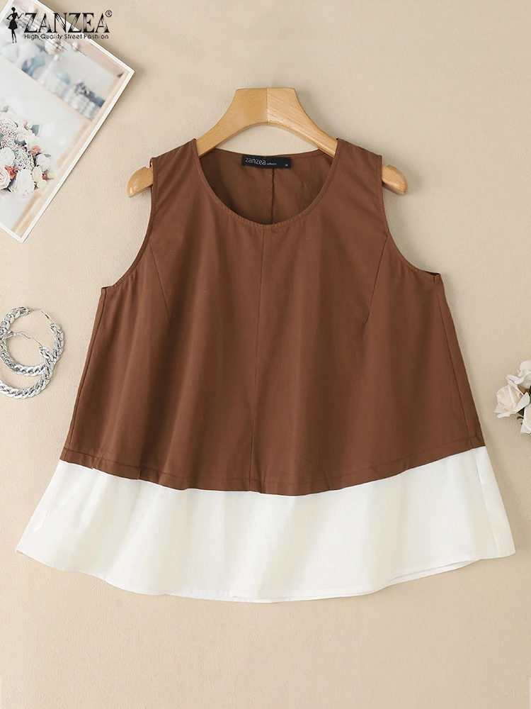 

ZANZEA летние повседневные топы контрастного цвета с подолом, женские дышащие лоскутные хлопковые льняные топы на бретелях, повседневные футболки без рукавов с круглым вырезом