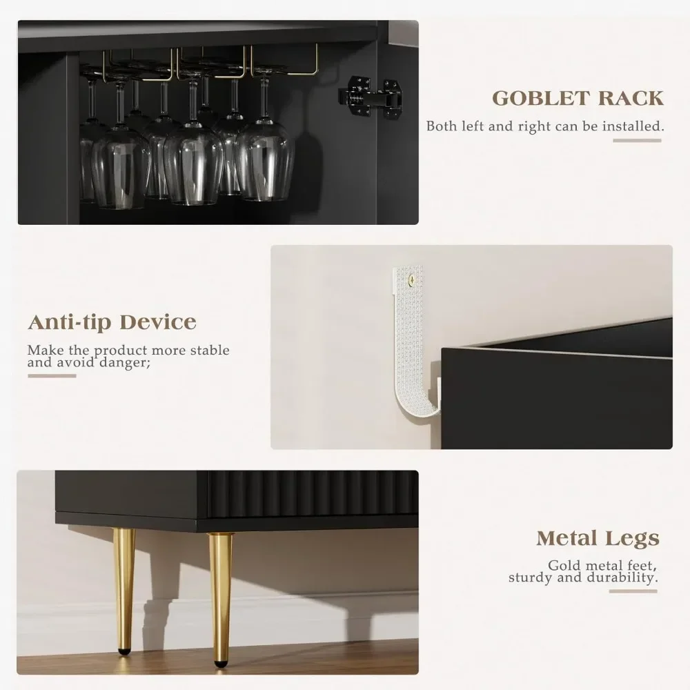 Mueble para cafetería con botellero y soporte para copas, mueble para licores con puertas estriadas, aparador moderno para buffet