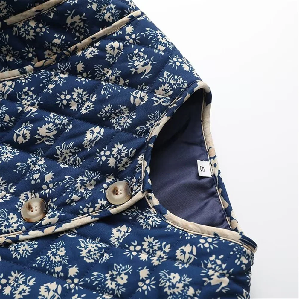 여성용 경량 프린트 코튼 재킷 겨울 신상품 싱글 브레스티드 포켓 장식 라운드 넥 코트