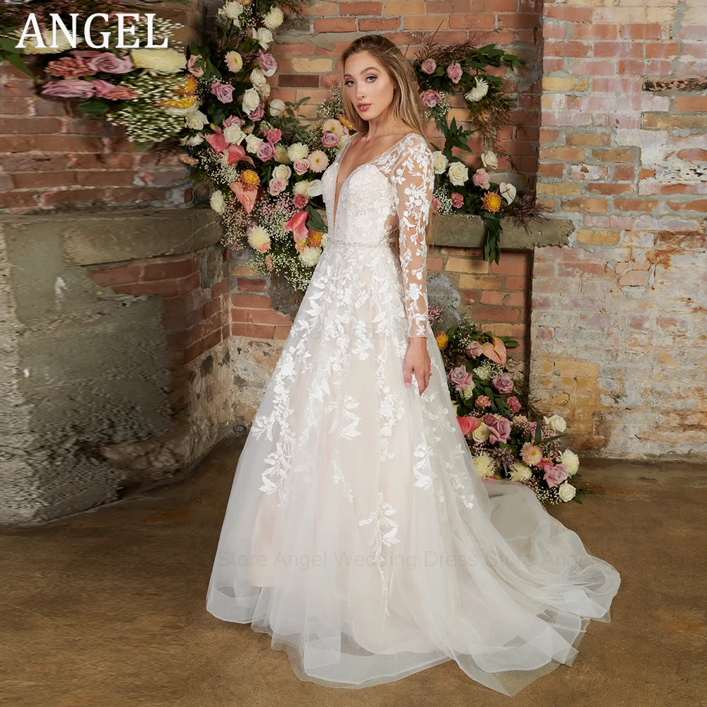 ANGEL Light Champagne Modern Wedding Dresses Backless Applique Bride Gowns A-Line Tulle V-Neck Long Sleeves vestido de noiva