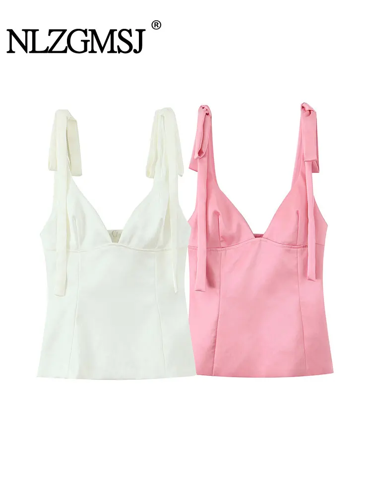 

2025 Summer Women's Top Fashion Solid Sling Tops For Women Bow Lace Up Sleeveless Short Tops Elegant Party Top