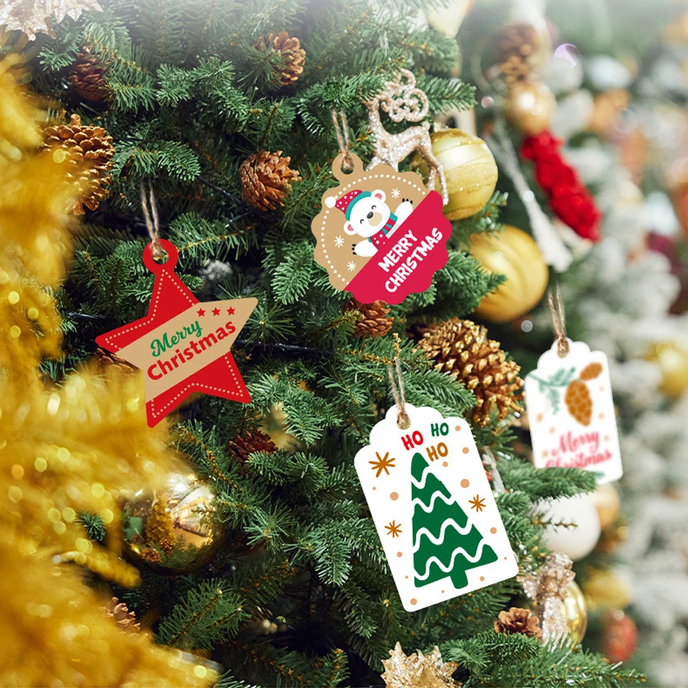 100pcs Merry Christmas Tags Wrapping Hanging Labels Santa Claus Snowman Xmas Tree Snowflake Hang Cards Festival Supplies Painted