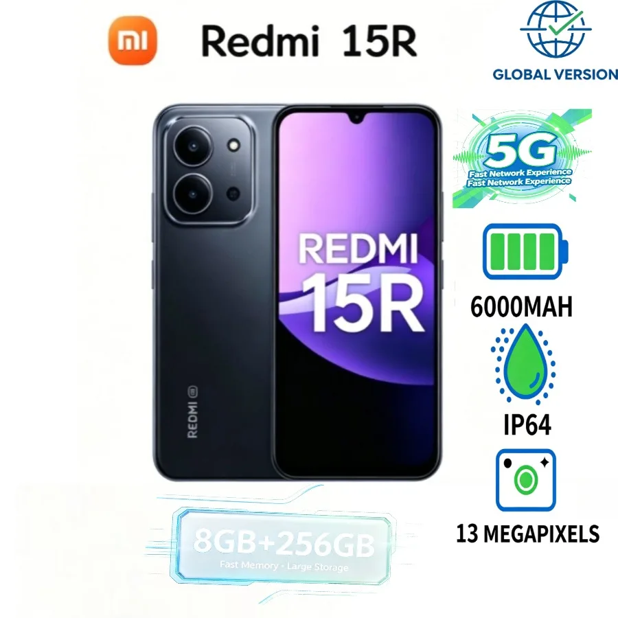 2026 latest global version of Xiaomi Redmi 15r memory 8GB+256GB 6000mah battery 5G smart phone waterproof IP64