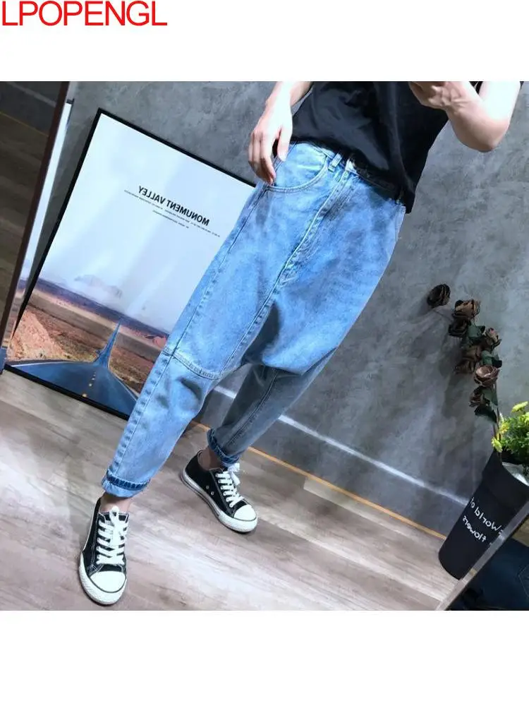 المرأة عالية الخصر شيك تسع نقاط الحريم الأزرق الجينز الهيب هوب الشارع عبر السراويل كامل طول الملابس صديقها غسلها السراويل
