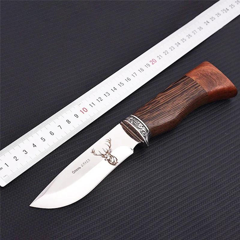 Mengoing Double Wood Handle Design Knife Deer Corrosion Pattern Tactical Rescue Fixed Blade Knives Tool for Camping Hunting