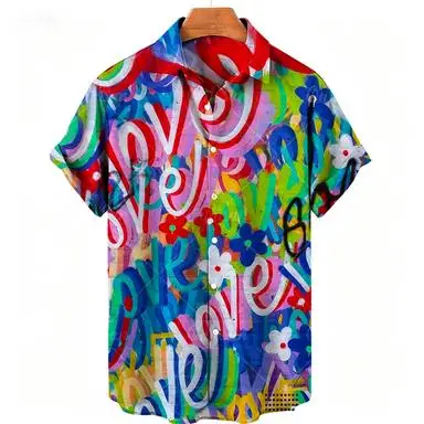 New Street Graffiti Men's Shirt Spray Paint Heart Letter Print Lapel Short Sleeve Light Fabric Urban Trend Male Garments