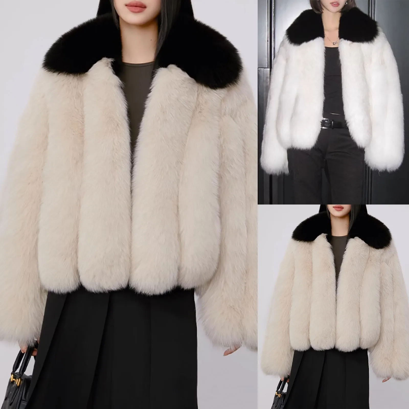 Women'S Winter Beautiful Elegant Warm Coat Black Lapel Color Matching Casual Fashion Coat Elegant Temperament Comfortable Coat