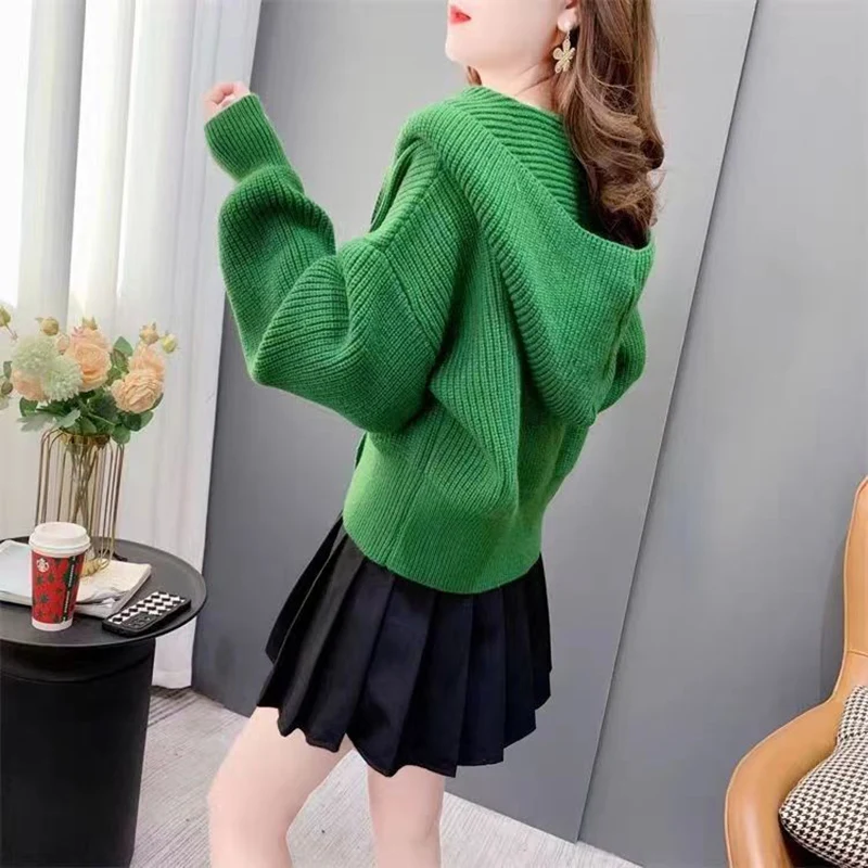 Sweet Hooded Button Pockets Solid Color Cardigan Sweaters Female Clothing 2024 Autumn Winter New Loose Knitted Casual Tops