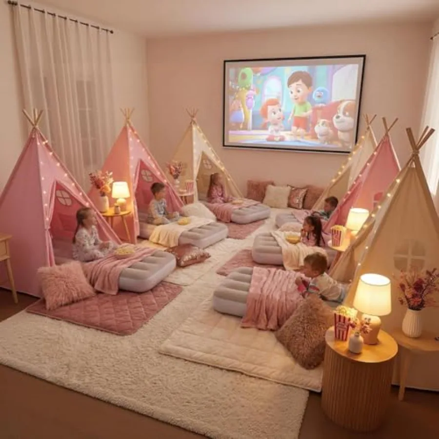 ピンク、白、ナチュラルのプレイテント、女の子、男の子への誕生日プレゼントに最適。6パックのティピーテント、インフレータブルエアベッドとライト付き、屋内使用可能。