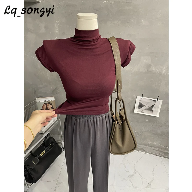 

Lq_songyi Mock Neck Slim T Shirts Women 2024 New Summer Spring High Strech Top Solid Basic Tops Short Sleeve Short T Shirts