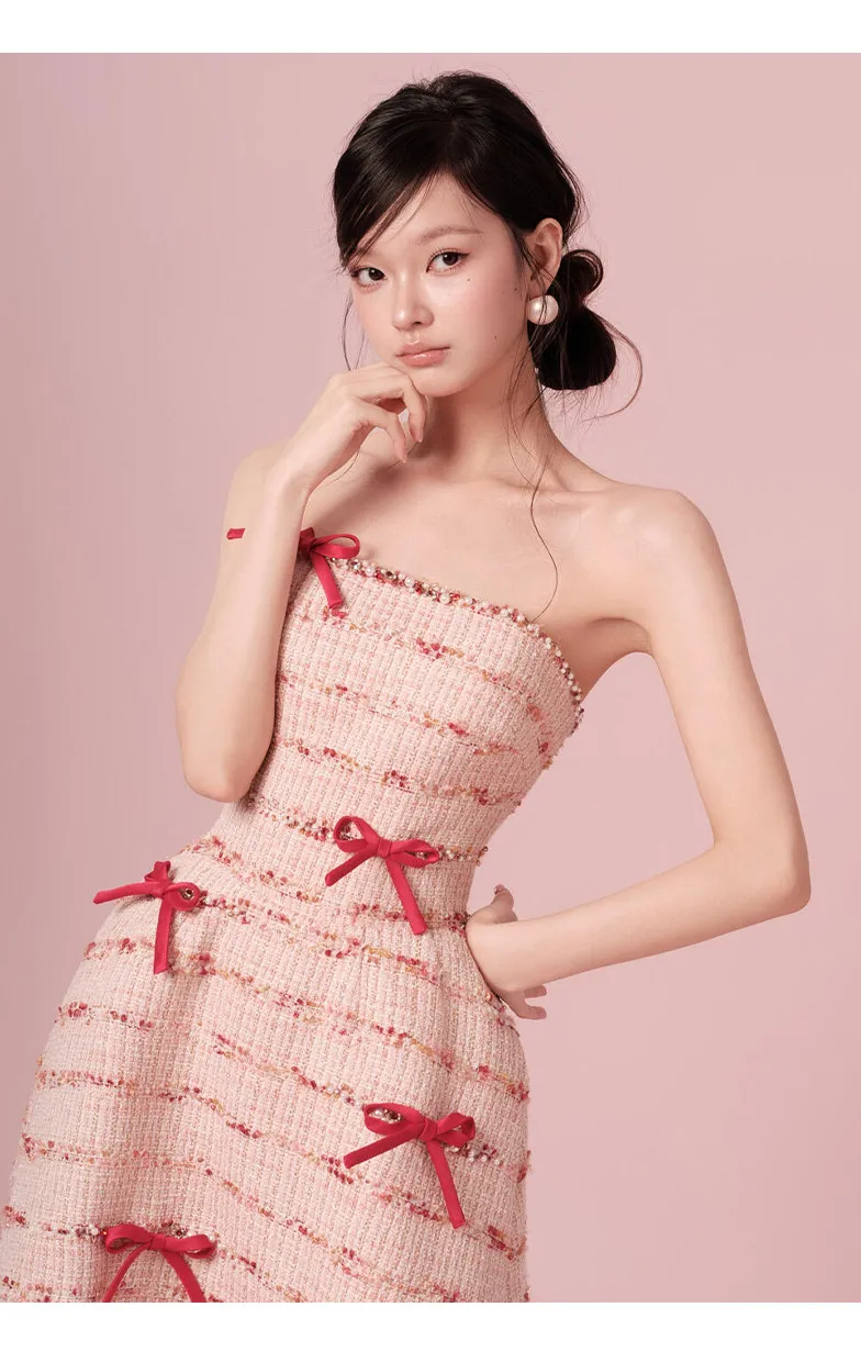 Roze strik toastjurk verlovingsbruiloft slim fit jurk verjaardagsfeestje gastheer coming-of-age ceremonie strapless jurk