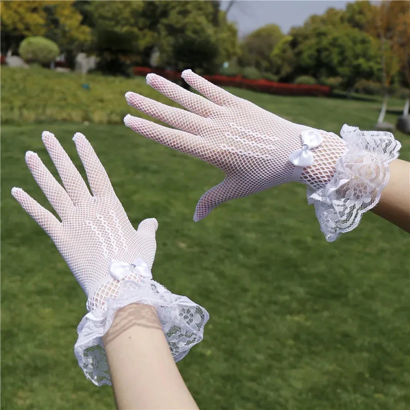 Guantes de encaje de dedo completo para mujer, manoplas de malla a prueba de rayos Uv, color blanco y negro, 1 par