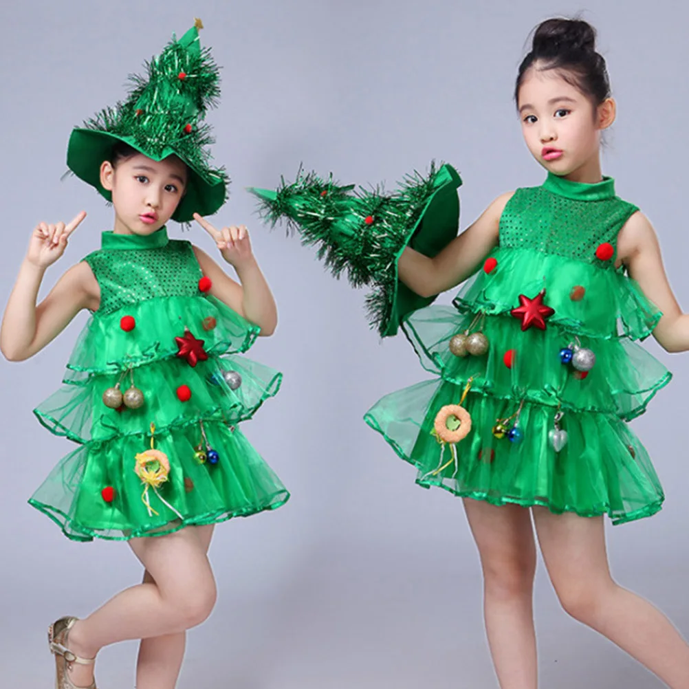 

Christmas Tree Hat Dress Costume Green Performance Costumes Stage Show Outfit Cartoon Accessories Role Props