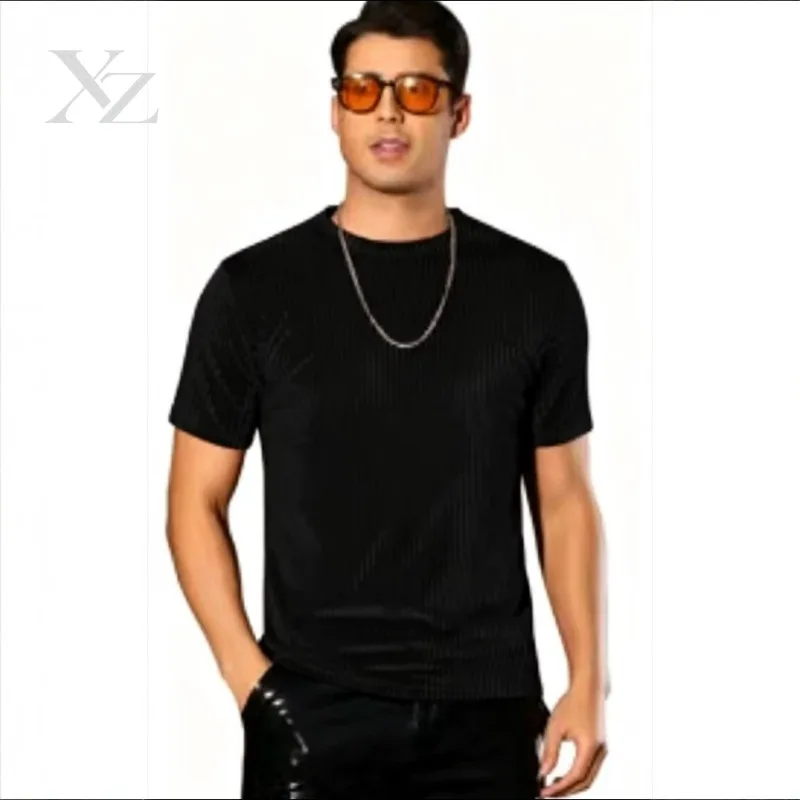 Opening Sale |Men's Fashion Knit Striped Velvet T-shirt Wine Red Short Sleeve Crew Neck Streetwear Slim Fit Party Clubwear Tee
