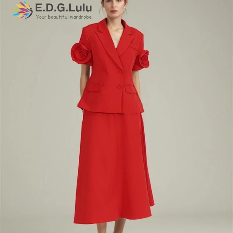 EDGLuLu 2 Piece Sets Women Outfit Turn-Down Collar 3d Flower Splicing Suit Jacket+High Waisted Loose A-Line Skirt Red Suit 0111