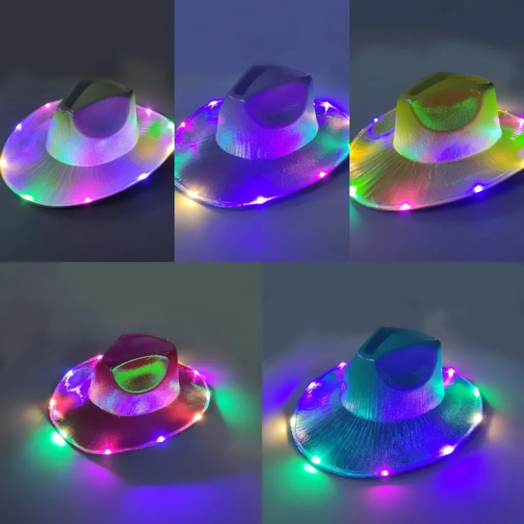 

2025LED White Light Up Cowboy Hats Neon Cowgirl Hat Holographic Rave Fluorescent Hats With Adjustable Windproof Cord For Hallowe