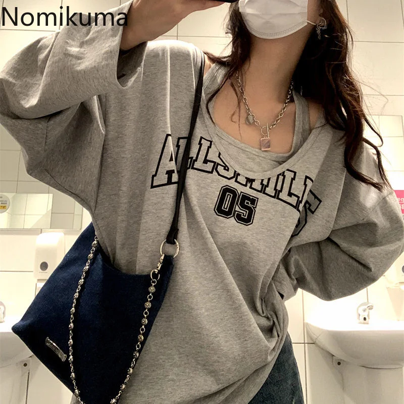 Sudaderas Spring Autumn Sweatshirt Halter Letter Print Loose 2 Piece Aesthetic Hoodies Women Retro Fashion Casual Y2k Streetwear