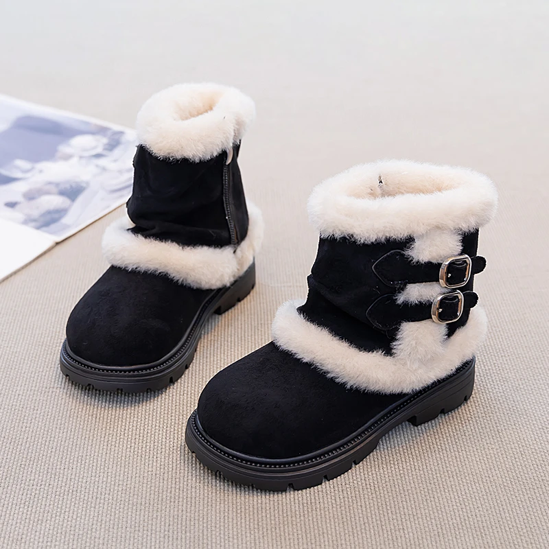 

Детские зимние сапоги на толстой подошве, детская зимняя новая теплая хлопковая обувь на флисовой подкладке, замшевые плюшевые ботильоны для девочек