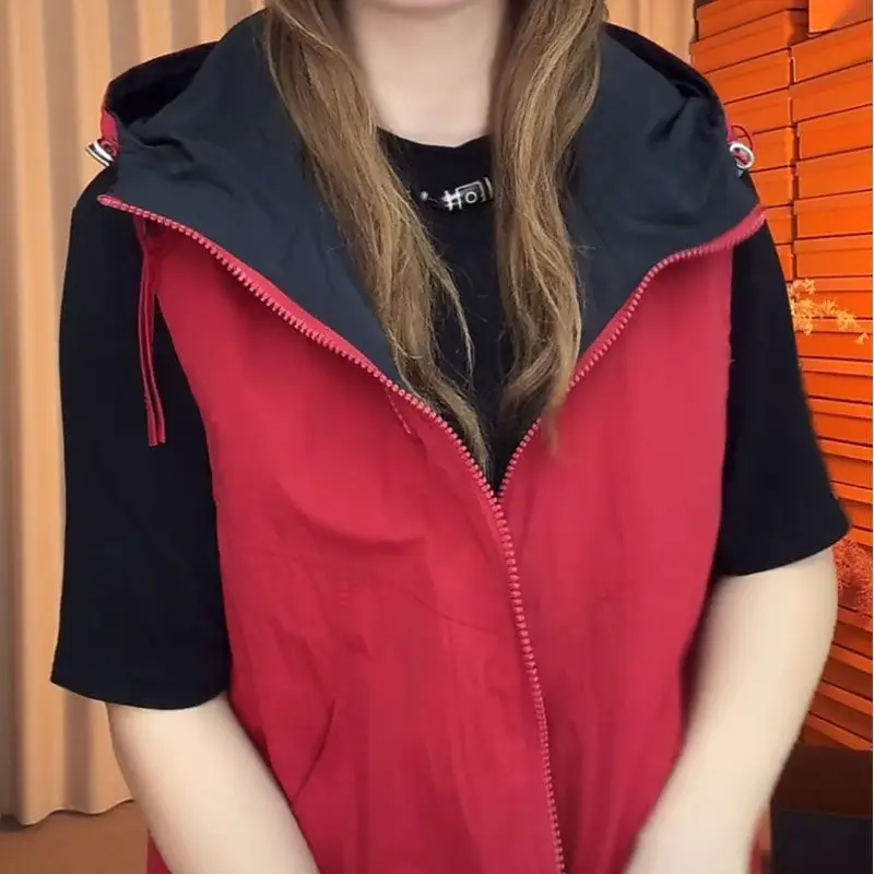 Spring Summer 2026 New Vest Coat Women Two-Sided Penetration Korean Sleeveless Jacket Hooded Thin Waistcoat Outwear Ladies Tops