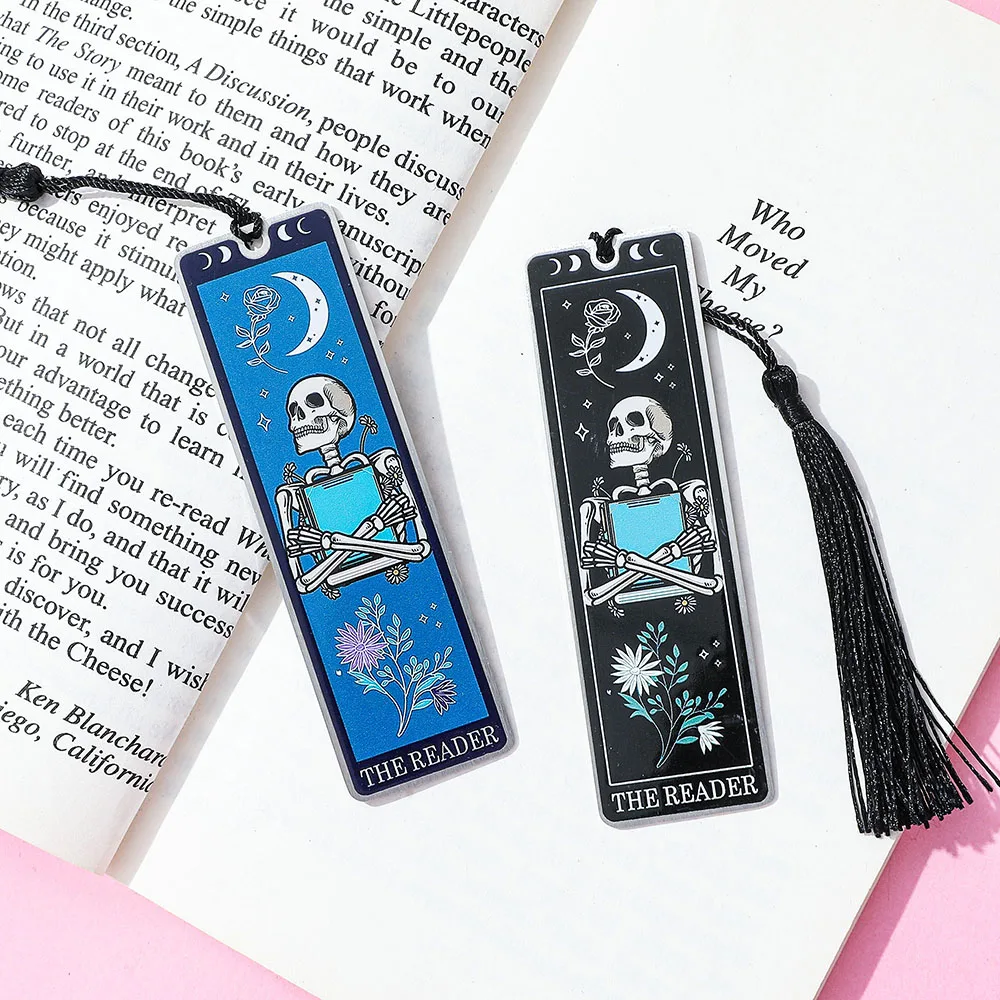 Colorful Skeleton The Reader Stainless Steel Tassel Bookmark, a birthday and Christmas reading gift for book fans, lovers, and f