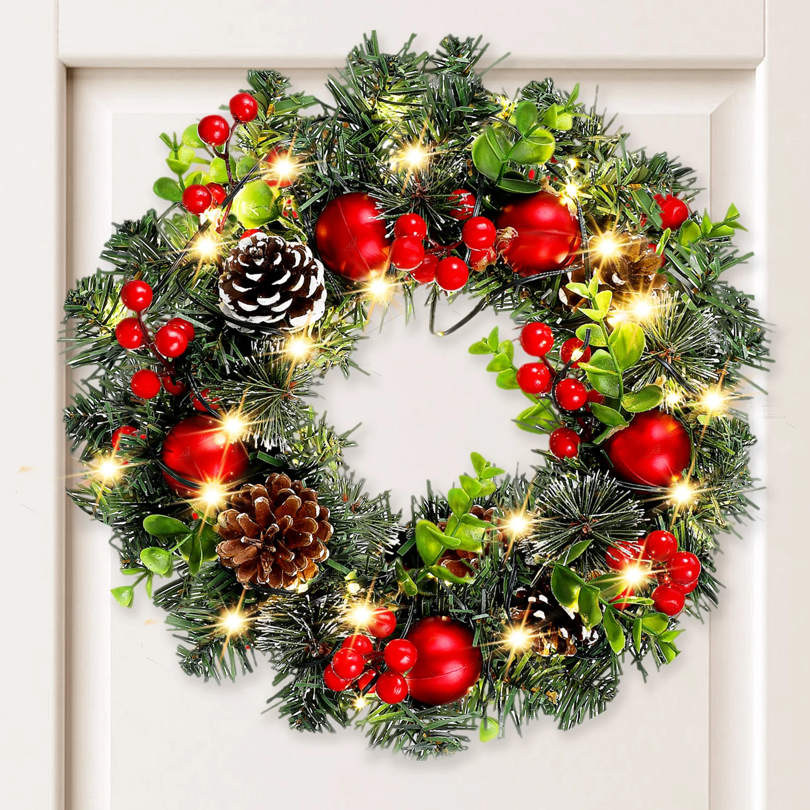 

Christmas Wreath 30CM PVC Red Berry 20 LED Lights Front Door Decor Christmas Supplies Wall naments Holiday DIY Decorations