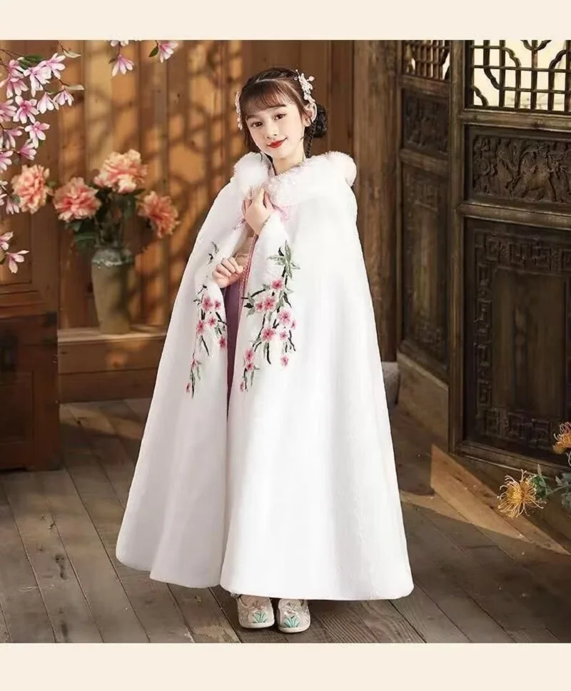 Children Hooded Cloak Chinese Floral Embroidery Cape for Winte