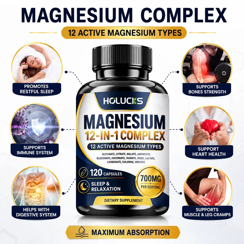 12-in-1 Magnesium Complex Capsules, with Glycinate Citrate Malate Taurate, Support Deep Sleep, Calm Stress & Muscle Relaxation