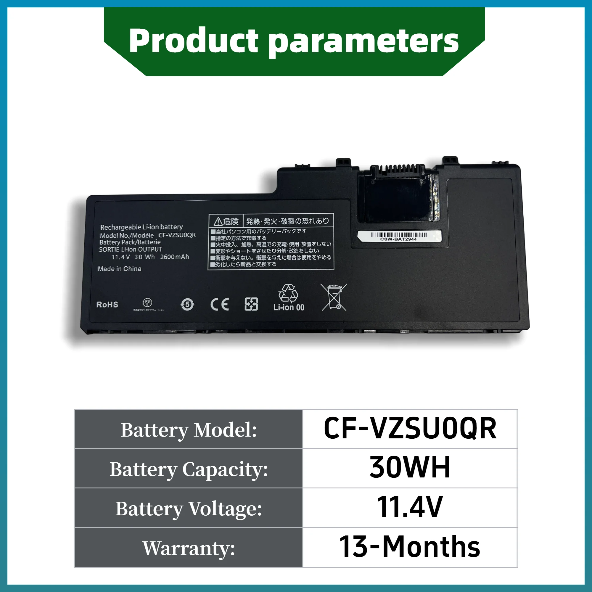 11.4V 30Wh CF-VZSU0QK CF-VZSU0QR for Panasonic Battery ToughBook CF-20 Toughpad FZ-A2 Tablet CF-VZSU0QW CF-VZSU0QJS 30WH