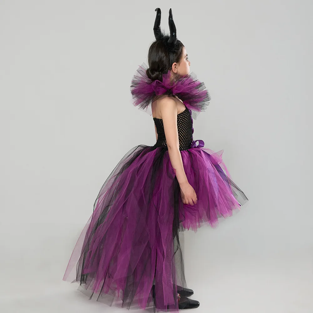 Mädchen Dark Angel Böse Königin Kostüm-Set Lila-Schwarzes Tüllkleid Mit Federflügeln Horn-Stirnband Für Halloween Karneval – Detail 4