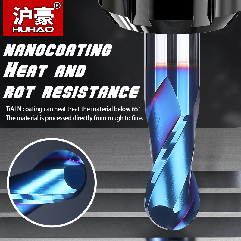 HUHAO 6mm 8mm Shank Ball Nose End Mill HRC65 High Hardness Carbide Cutter CNC Router Bit 2 Flute Milling Cutter R0.5 CNC Tools