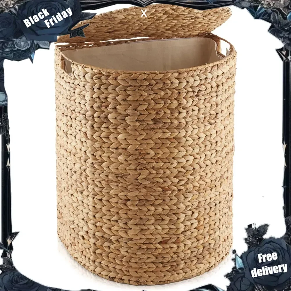 Half Moon Laundry Hamper with Lid and Removable Liner Bag - Natural, Woven Water Hyacinth Laundry Basket for Clothes and Towels