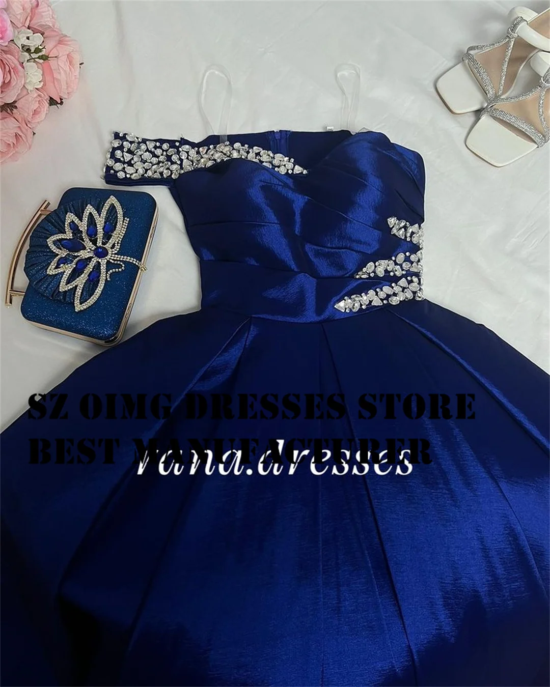 OIMG Elegant One-Shoulder Prom Dresses Sleeveless Blue Crystals Backless Satin A-Line Women Gowns Formal Party Dress Customized