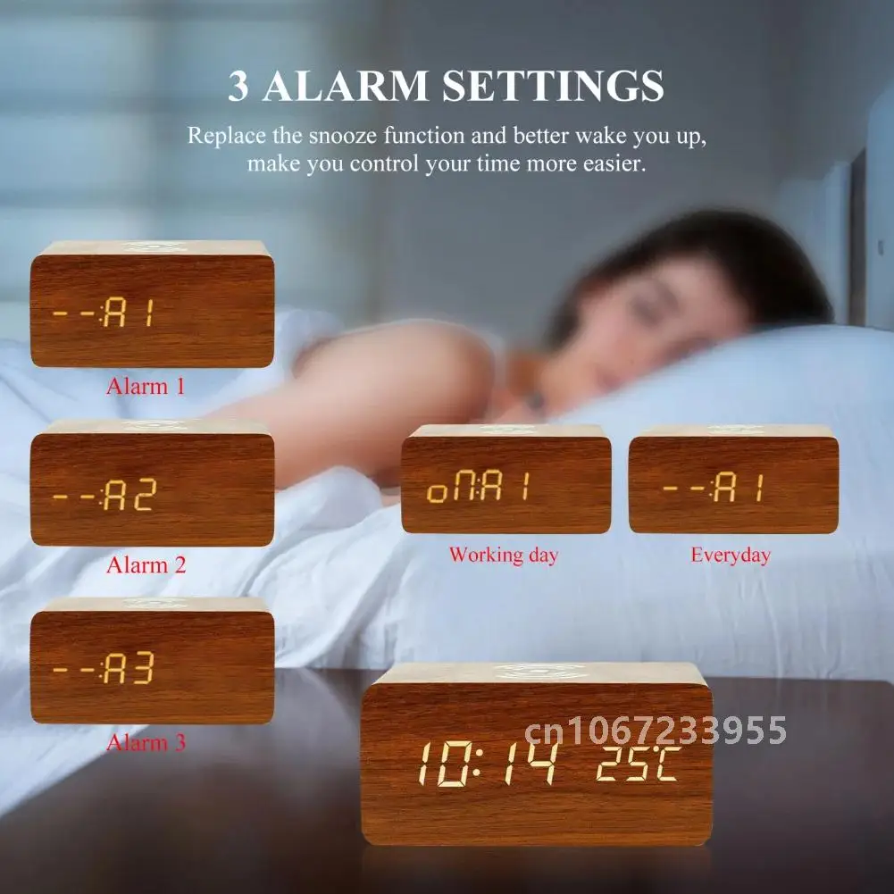 Wooden Digital Alarm Clock Wireless Charging 24/12 Hour Setting LED Large Screen Display Table clock Snooze for Home Bedroom