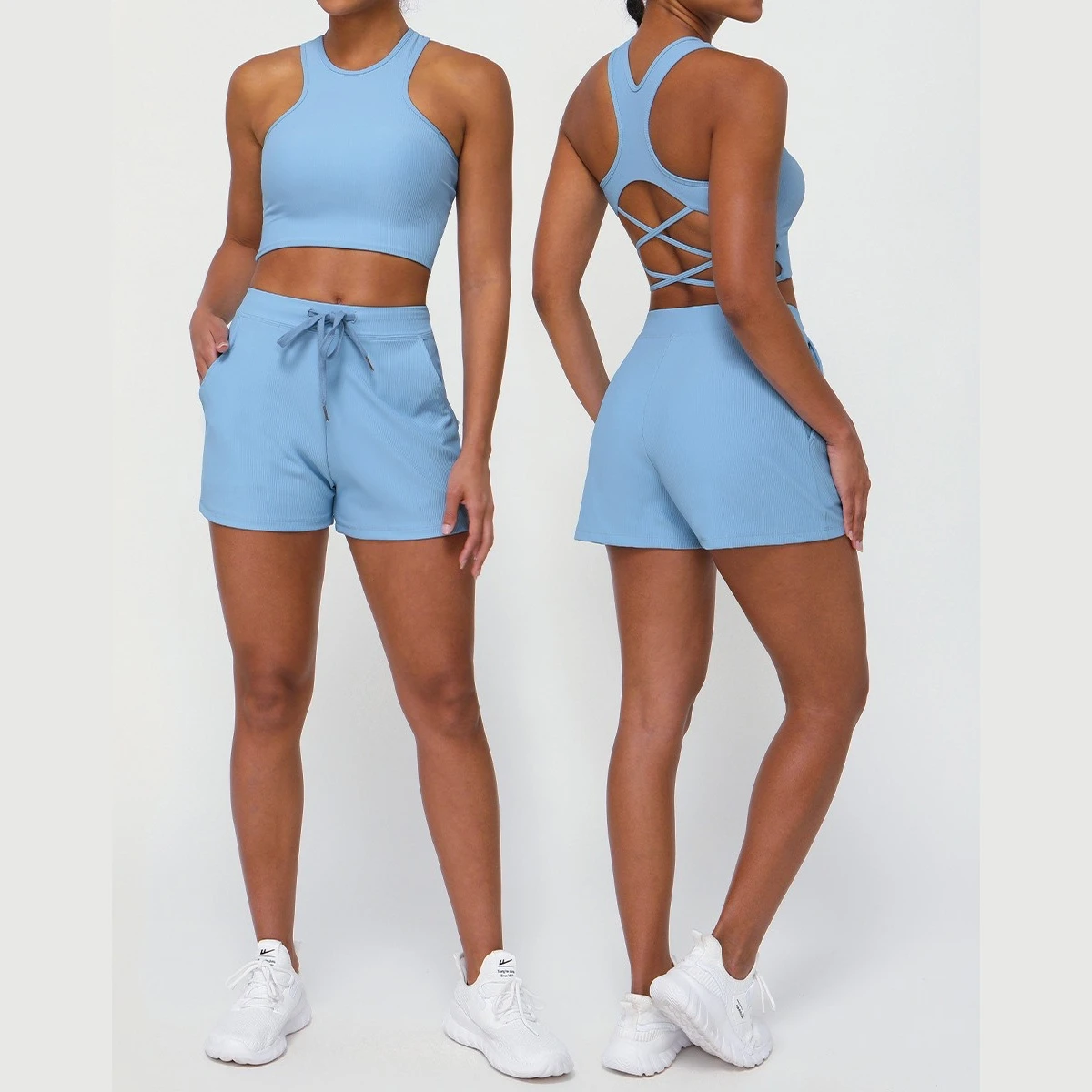 Greenora 2PCS Set Women Yoga Seamless Ribbed Workout Criss Cross Back Crop Tank Top Drawstring Shorts Gym Yoga Activewear Outfit