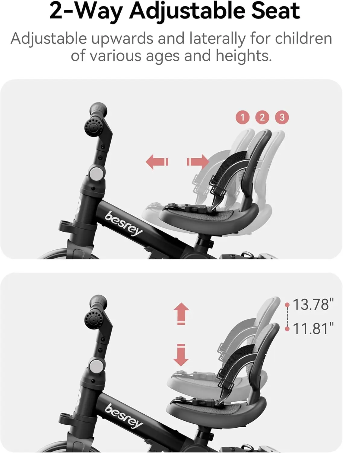 Tricycle 5 en 1 pour tout-petit de 1 à 3 ans, vélo avec poignée poussoir, dossier et ceinture de sécurité, cadeaux d'anniversaire et jouet