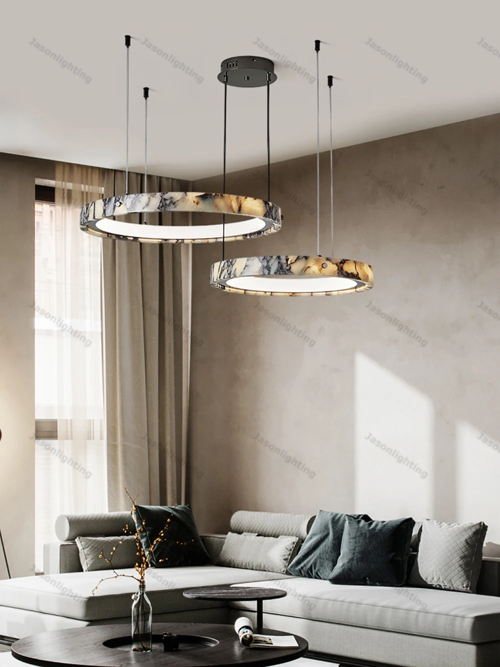 5-Ring Natural Marble Gold Chrome Dimmable LED Chandelier