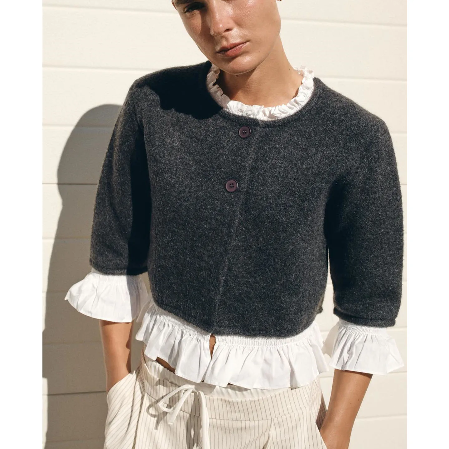 Autumn Women's Briti Sle Knitted Layered Decoration round Ne Seven Sve Silk Patchwork Knitwear Soft Polyester Casual...