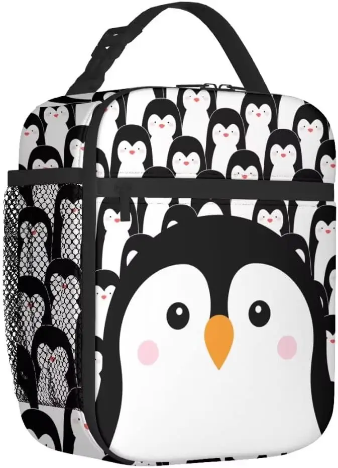 Funny Penguin Reusable Lunch Bag 8 X 4 X 10 Inches Cooler Bag Lunch Box Container with Adjustable for Picnic School Work