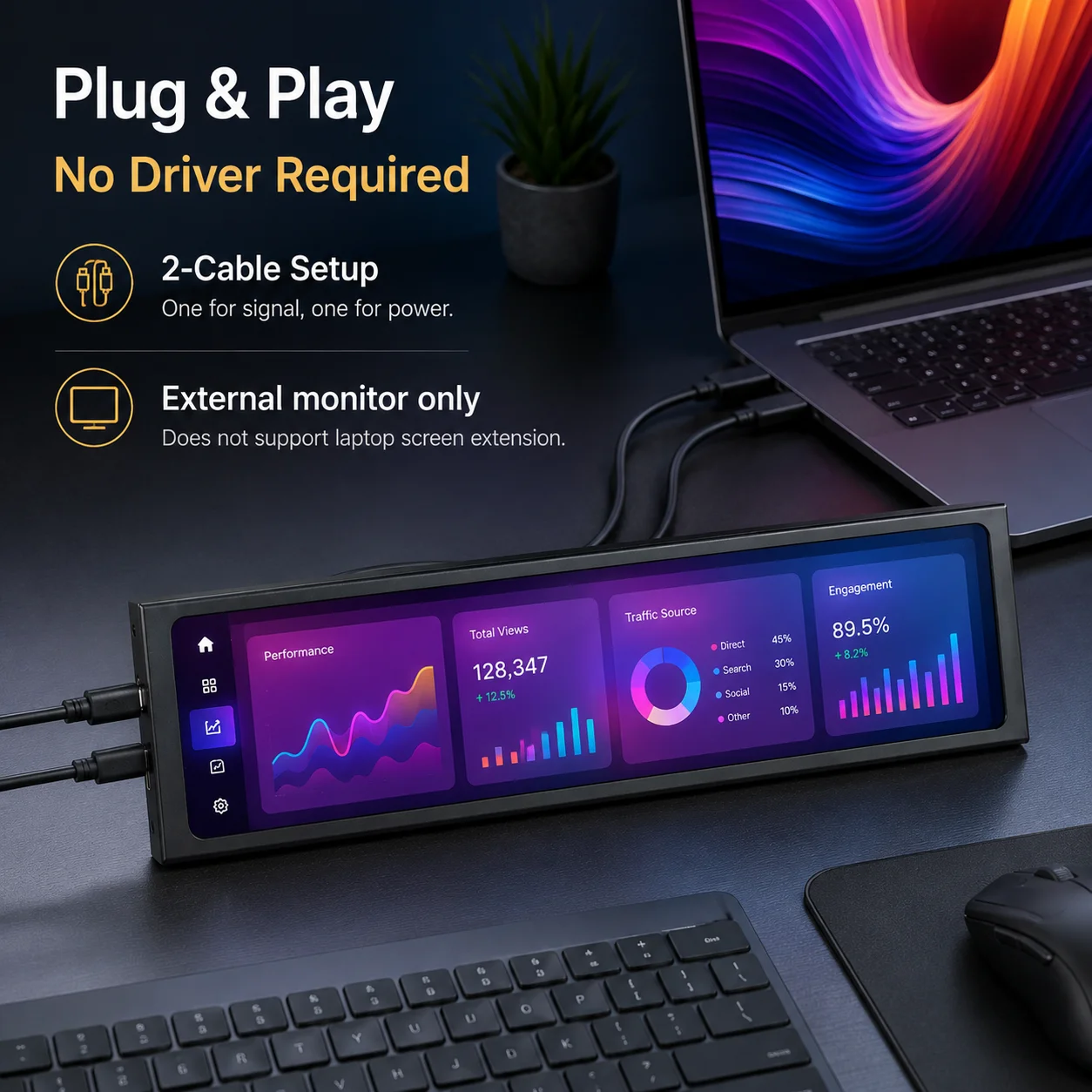 LESOWN Portable Ultra Wide Monitor 11.3 Inch Stretched Strip Display 440x1920 Plug & Play Mini Auxiliary Monitor for Laptop PC