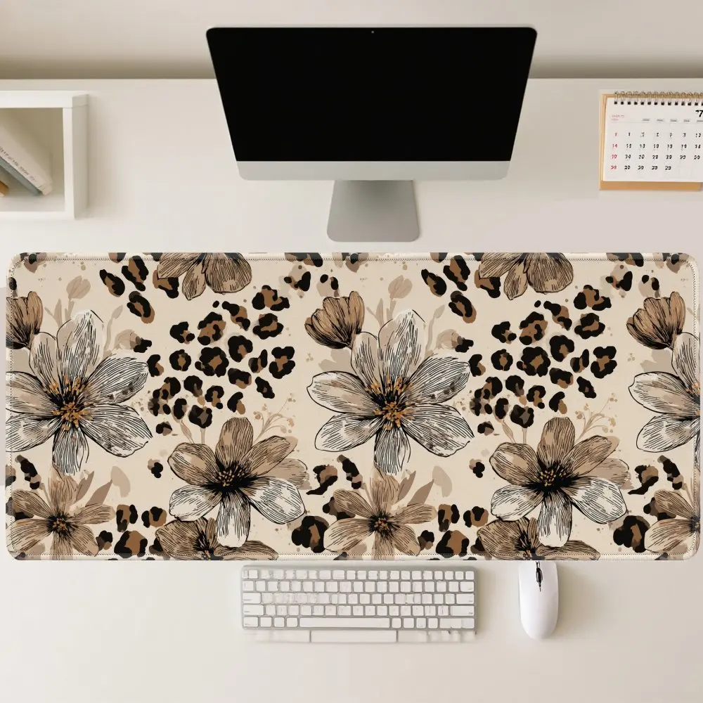 Leopard Print Floral Extended Mouse Pad Vintage Aesthetic Large Desk Mat Non-slip Waterproof for Office Gaming