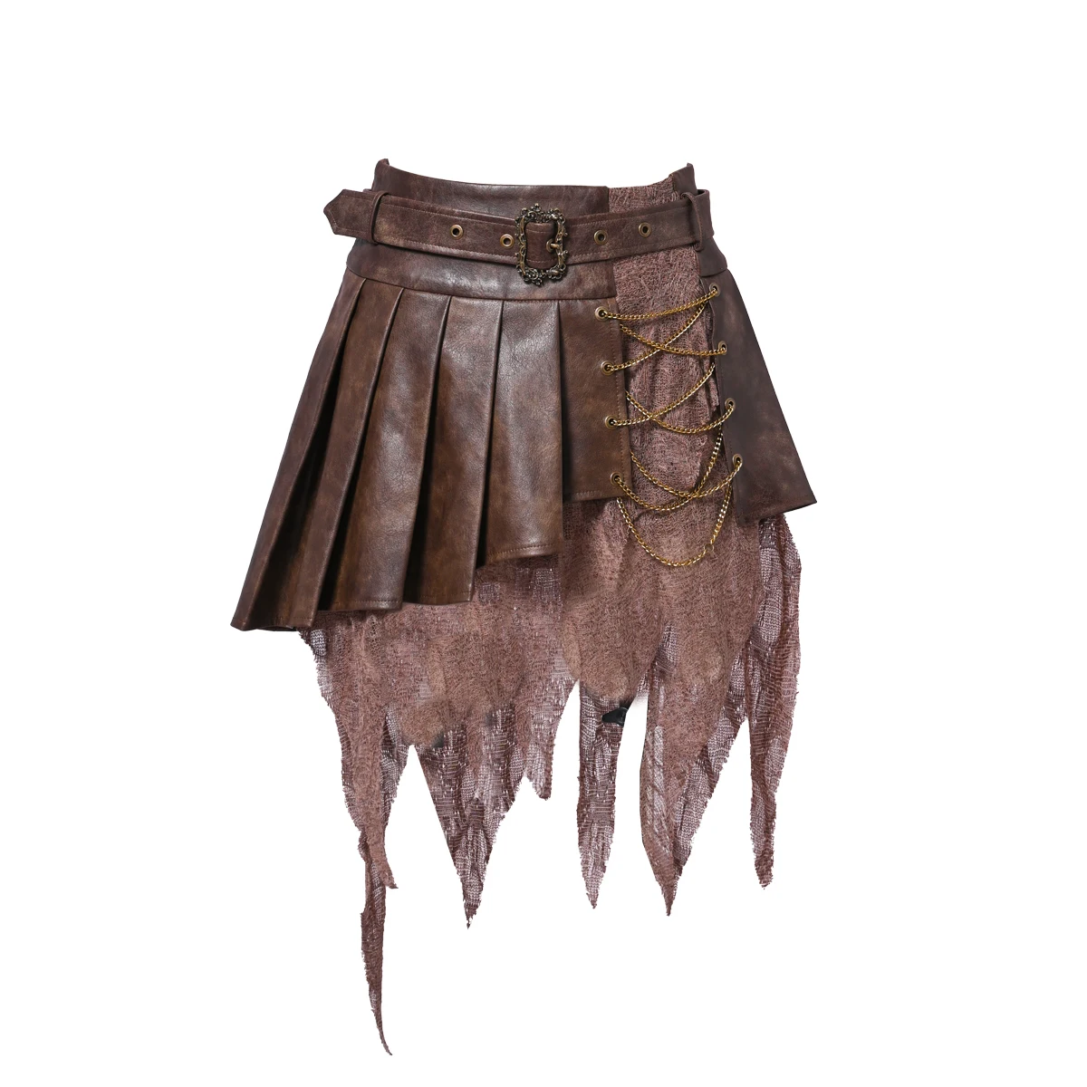 Waste Soil Style Wandering Retro Distressed Hippie Stitching Irregular Leather Skirt Pleated for Women