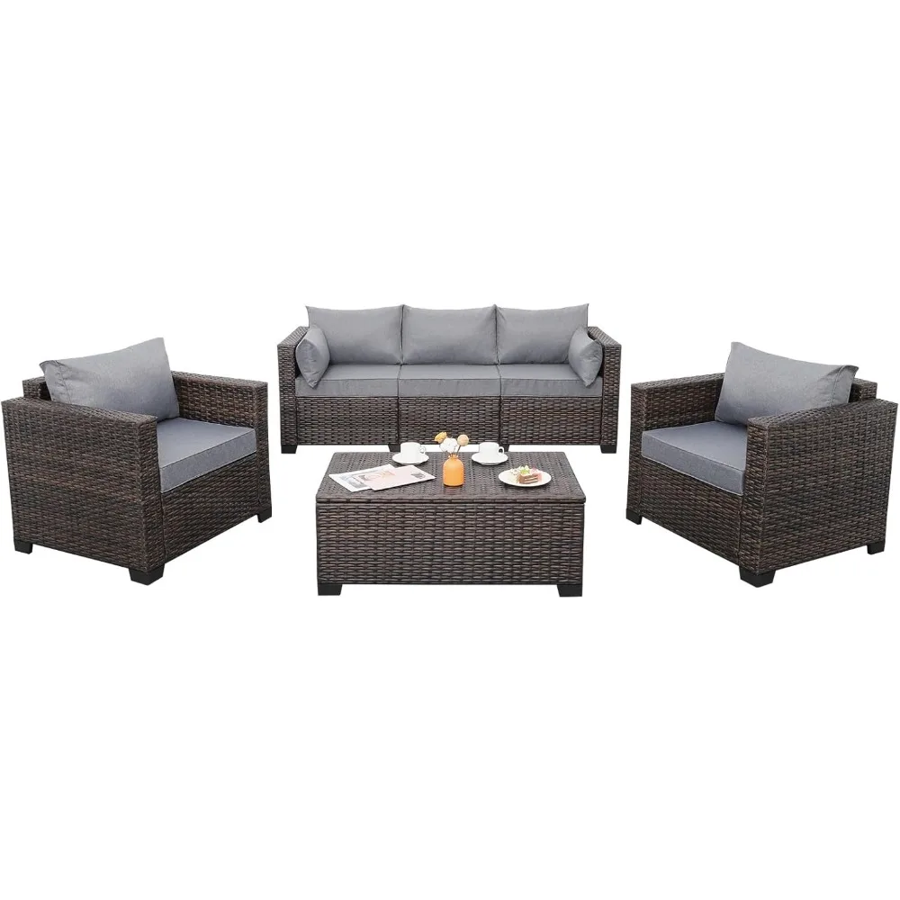 Patio Rattan Furniture Set 4-Piece Outdoor PE Wicker Conversation Couch, Brown Sectional Sofa Couch with Storage Coffee Table