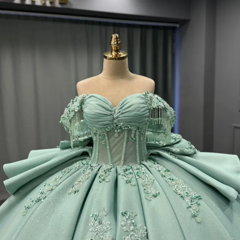 

Shiny Pea Green Quinceanera Dress Crystal Glitter Decal Lace layering Ruffle Bow Long tail Vestidos De 15 Quinceanera ﻿Customiz