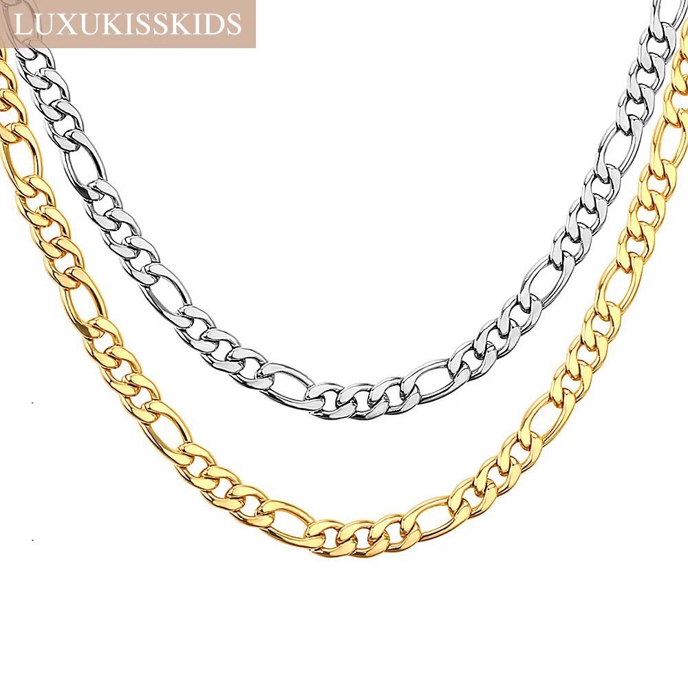 LUXUKISSKIDS 5/7mm Men's Long Link Chain Necklaces Woman Stainless Steel Gold Color Chunky Choker Figaro Cuban Original Collier