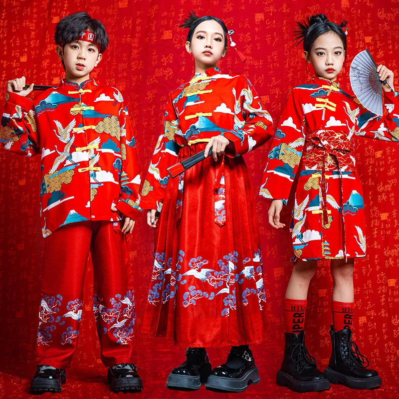 Hanfu Girl New Chinese Style Children's Costume Chinese Dress Cheongsam Cheerleading Red Performance Wear