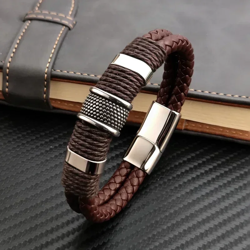 Luxury Vintage Multilayer Brown PU Leather Men Bracelet Bracelets Stainless Steel Jewelry Male Wrist Bangle Gift