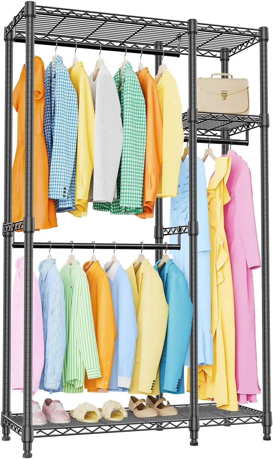 

Heavy Duty Garment Rack with Adjustable Shelves, Tool-Free Assembly, Black Metal Closet Organizer for Versatile Storage