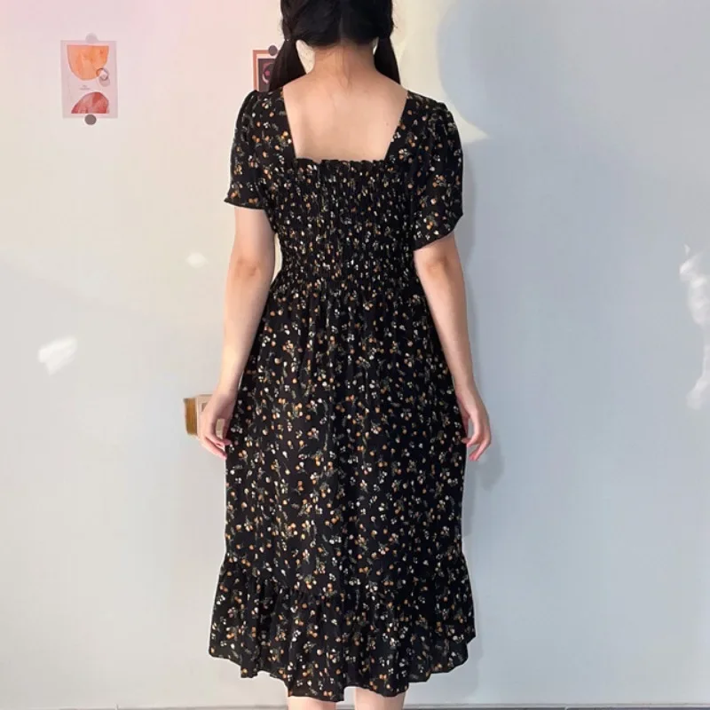 Spring Summer Elastic Waist Short Sleeve Chiffon Dress Women Casual Dresses Female Printed Floral Midi A-Line Dresses Vestidos