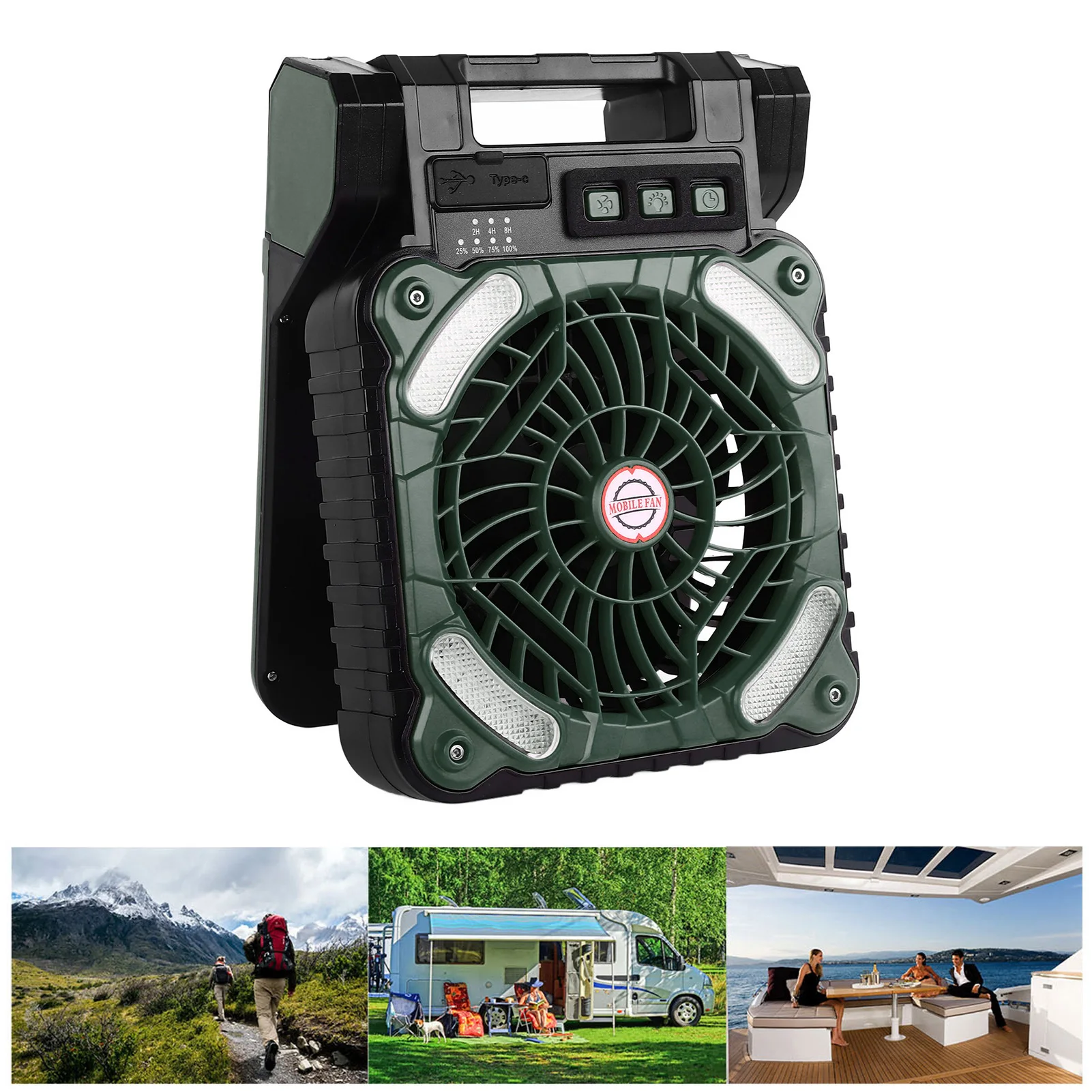 مروحة التخييم بالطاقة الشمسية من النوع C شحن محرك بدون فرشاة LED تعمل بالطاقة الشمسية مؤقت مروحة منخفض الضوضاء 4.5 متر/الثانية للأنشطة الخارجية